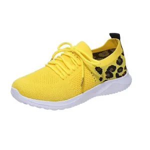 Lightweight yellow mesh sports sneakers for women with leopard print heel accent