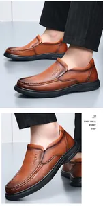 Gros plan détaillé de mocassins pour hommes en cuir marron avec semelle souple