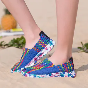 Women Fashion Hand-Woven Breathable Slip-On Loafers Casual Hollow Out Elastic Rainbow Walking Shoes Splatter Sole Sneakers DZ525