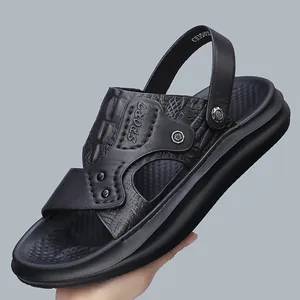 Sandales en Cuir Véritable Premium pour Hommes Chaussons de Plage Respirants Antidérapants Chaussons d'Extérieur Haut de Gamme à Deux Voies Chaussures Décontractées à Bout Ouvert pour Hommes