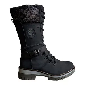 Detail view of black winter mid-calf boots with knitted cuff and lace-up design