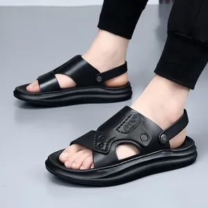 Sandales de qualité supérieure en cuir véritable noir pour hommes, idéales pour l'été