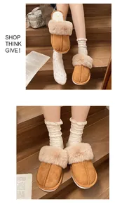 Detailed view of cozy women's faux fur mules with thick fleece lining on wooden stairs