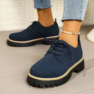 Close-up of navy blue platform oxford shoes with yellow stitching and chunky black sole.
