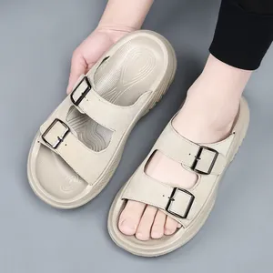 Sandales Décontractées en Daim de Vache pour Hommes Double Boucle Réglable Plateforme Mules d'Été Plage Antidérapantes Légères