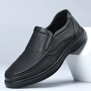 Men's Casual Hollow Out Genuine Leather Shoes Summer Breathable First Layer Cowhide Soft Sole Slip On Sandals For Middle Aged