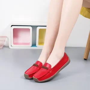 Classic red leather loafers for women with soft sole and comfortable flat design