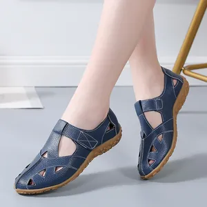 Stylish navy blue leather hollow-out women's summer sandals with comfortable flat soles