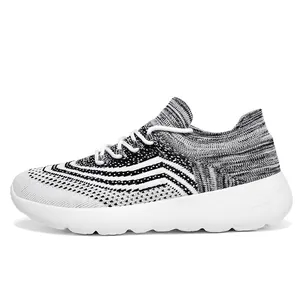 Men's lightweight breathable knit running shoes with white soft sole and black wave pattern