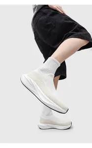 Breathable white high-elastic fly-woven sock sneakers with thick soles for casual running