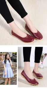 Wine red leather flat peas shoes with soft rubber sole for women and maternity wear