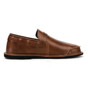 Side view of men's wide-toe retro brown leather shoes in minimalist style