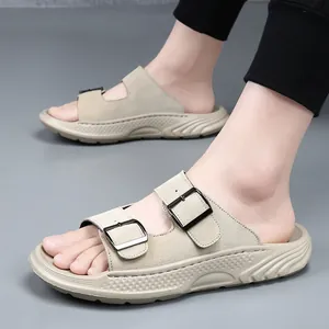 Sandales pour hommes en cuir de qualité à double bride avec semelle antidérapante d'été