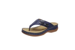 Vista laterale dettagliata del sandalo infradito blu da donna con zeppa comoda