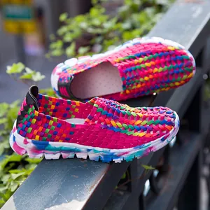 Stylish colorful woven slip-on casual shoes for women with breathable hollow design