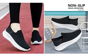 Detailed view of black breathable knit mesh slip-on sneakers with non-slip white soles
