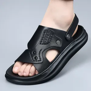 Premium men's black leather summer sandals with a lightweight soft sole and sport design