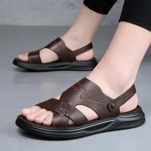 Sandali da Uomo in Pelle Bovina Scarpe da Spiaggia Estive a Due Vie Ciabatte Casual Antiscivolo Suola Morbida Traspirante Outdoor