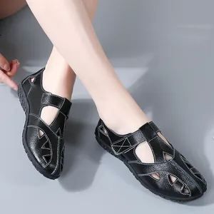 Stylish and comfortable black leather hollow-out women's sandals for summer casual daily wear