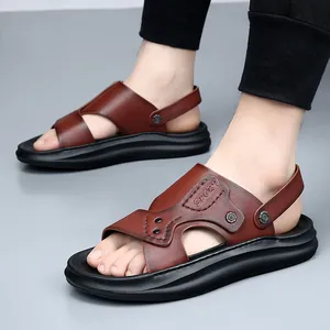 Men's premium brown cowhide leather sandals with anti-slip thick soles for summer