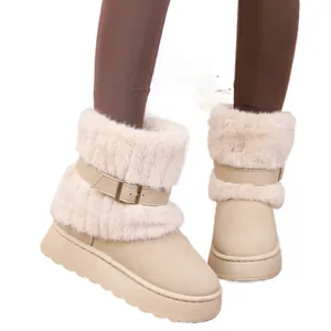 Eleganti stivali da neve beige con plateau e pelliccia sintetica con fibbia donna.
