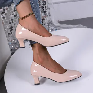 Nude patent leather pumps with a comfortable chunky mid-heel and glossy finish.