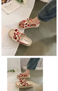 Detail view of women's strawberry print platform sandals with a comfortable thick sole