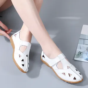Comfortable white genuine leather hollow-out sandals with anti-slip rubber sole for women