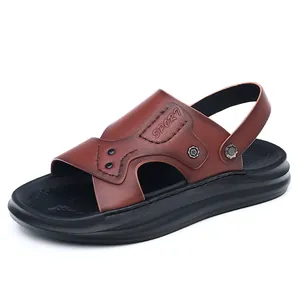 Premium genuine leather men's brown sandals with thick black anti-slip sole for summer