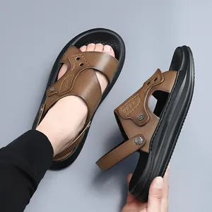 Sandales de luxe pour hommes en cuir de vachette marron avec semelles antidérapantes