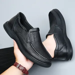 Breathable black genuine leather loafers for men with soft soles