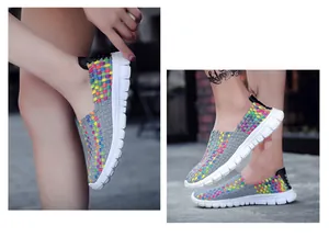 Vibrant colorful woven slip-on shoes with lightweight white breathable soles.