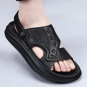 Premium men's black leather sandals featuring crocodile texture and non-slip thick sole