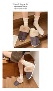 Cozy grey faux fur slippers with plush lining and thick sole for autumn warmth.