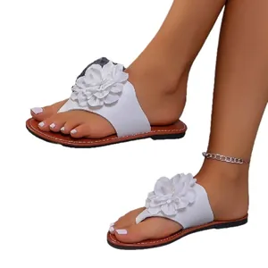 Elegantes chanclas planas con flores blancas para mujer sandalias de playa informales