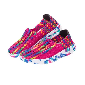 Hand-woven colorful breathable slip-on loafers for women with flexible elastic sole