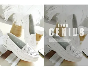 Comfortable white leather perforated nursing shoes with air cushion wedge sole for women