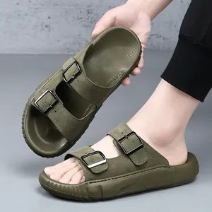 Claquettes en cuir vert olive pour hommes avec double boucle et semelle antidérapante