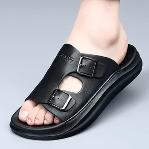 Sandales de plage de qualité en cuir noir pour hommes avec doubles boucles