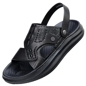 Premium black cowhide leather sandals for men with textured finish and soft lightweight sole