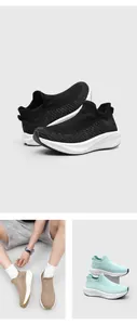 Detailed views of breathable fly-knit sock sneakers in black, blue, and khaki colors