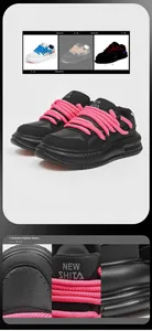 Close-up of retro chunky skate shoes featuring thick pink braided laces and black leather.