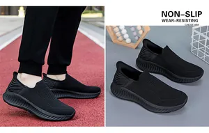 Breathable black mesh slip-on sneakers featuring non-slip wear-resisting soles.