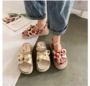 Trendy women's thick-sole platform sandals with cute strawberry and pineapple bow prints