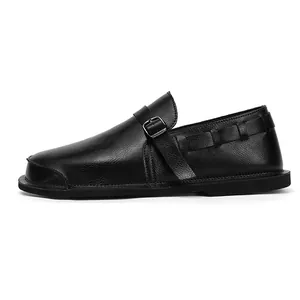 Detailed side profile of vintage wide-toe black leather casual shoes for men's daily wear
