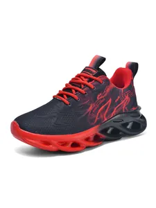 Detailed view of red and black children's shock-absorbing sports sneakers with mesh