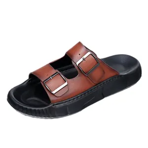 Claquettes en cuir marron pour hommes avec double boucle et semelle souple noire