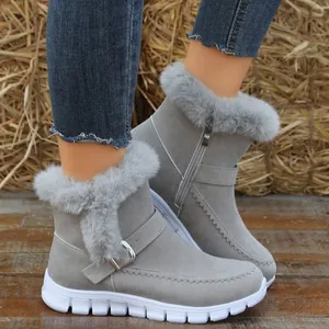 Bottes de neige grises pour femmes avec bordure en fausse fourrure et fermeture éclair