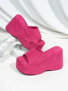 Elegant fuchsia suede platform wedge sandals for women with high thick sole for summer