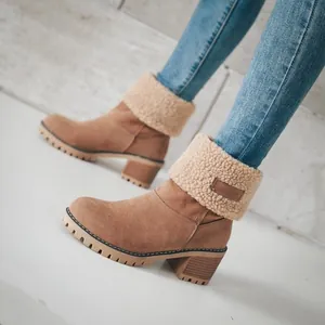 Detail shot of tan suede snow boots with white faux fur cuff and chunky high heel.